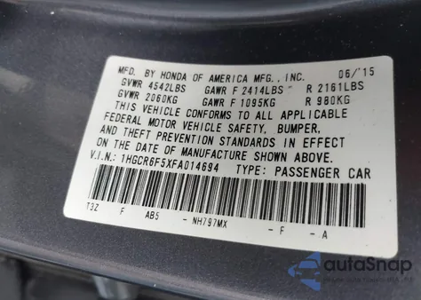 2015 Honda Accord Hybrid Ex-L z USA, uszkodzony, nr VIN 1HGCR6F5XFA014694